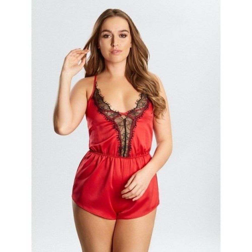 Cherryann Satin Romper Style Teddy Red Black Lace Lingerie - Picture 3 of 9